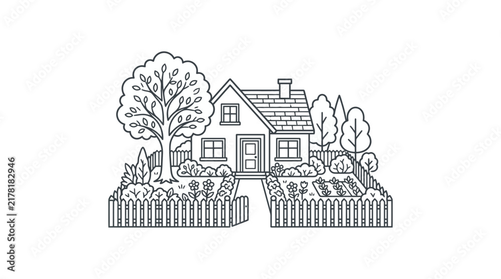 Obraz premium Small cottage garden trees and white picket fence.
