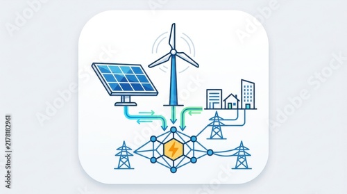 Renewable energy icons showing solar panels and wind turbine power grid