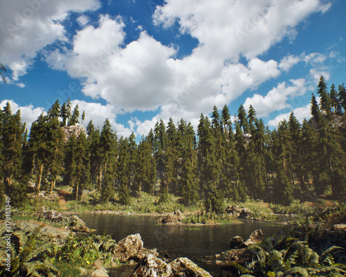 Mountain lake with fir trees on shore under blue sky with clouds. 3D rendered still image.