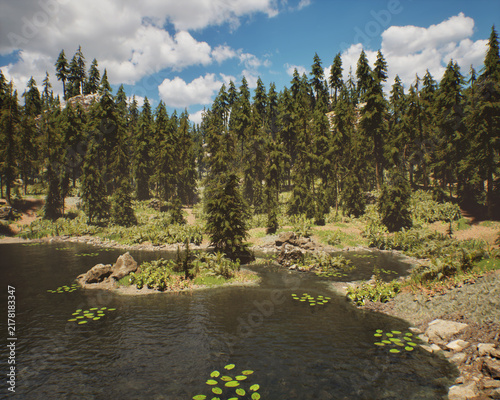 Mountain lake with fir trees on shore under blue sky with clouds. 3D rendered still image.
