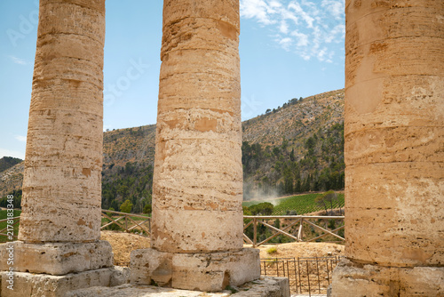 Detailed horizontal view of ancient Greek Doric stone column shafts framing Sicilian landscape in Segesta, Sicily, Italy