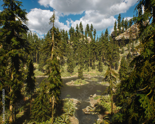 Creek between fir trees in mountains under a blue sky with clouds. 3D rendered still image.