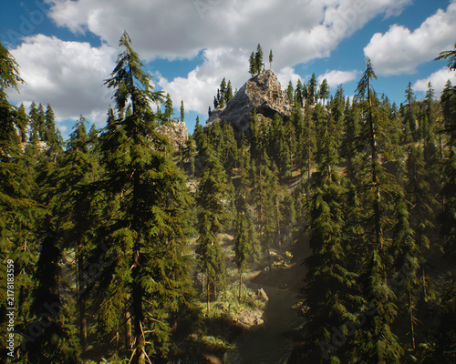 Creek between fir trees in mountains under a blue sky with clouds. 3D rendered still image.