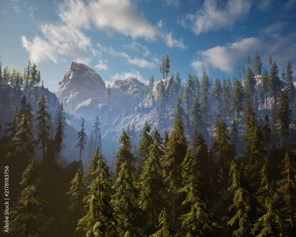 Obraz premium Fir trees in mountainous landscape in the mist. 3D rendered still image.