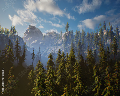 Fir trees in mountainous landscape in the mist. 3D rendered still image.