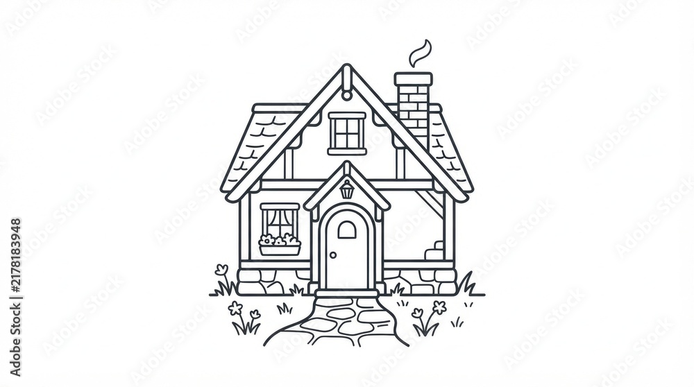 Fototapeta premium Black and white line art drawing of a cozy cottage house with a stone path