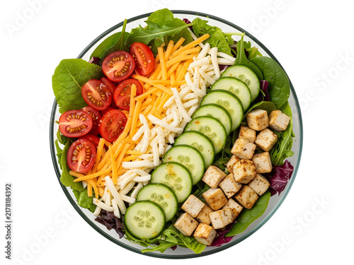 A fresh garden salad bowl with tofu, cucumber, tomato and shredded cheese