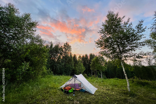 White tourist tent with camping gear in grassy clearing against backdrop of dense trees