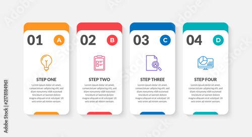 Modern business infographics template. Timeline infographic elements, process diagram, journey info graphic with 4 steps, for brochure, presentation, website.