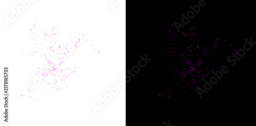 Bright purple glowing particles explode and scatter across transparent background for abstract design.