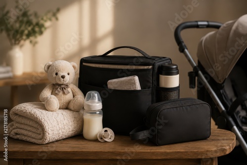 Black Friday baby gear sale with stroller and essentials on wooden table