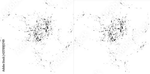 Black splash dirty mud stain decals on transparent and white backgrounds for realistic grunge textures and video games.