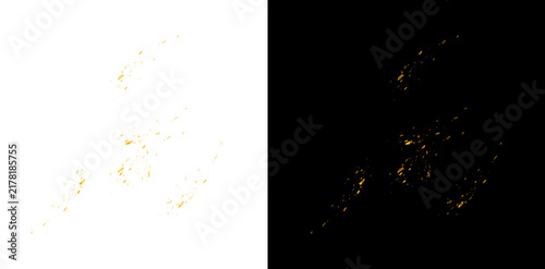 Abstract gold paint splash elements with liquid droplets and metallic spray pattern on transparent background.