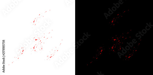 Abstract red blood splash elements with liquid droplets and spray pattern on a transparent background for design.