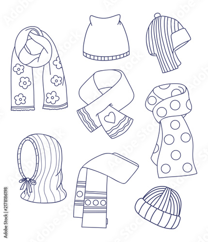  Scarves and Winter Hats Line Art Set. Outline Cozy Headwear and Scarf Doodle Collection. Vector Illustration. Isolated Blue Hand Drawn for Coloring Book, Craft and Fashion Design.