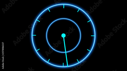 Minimal clock face displays glowing hour markers and single pointer. Clean clock face tracks appointment deadlines. Modern clock face graphic for time management clips.