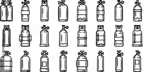 Bild auf Leinwand Black and white line art icons of various gas cylinders and tanks for industrial