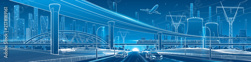 Futuristic smart city transportation panorama with elevated highways, high speed train, cars, airplane, modern skyline and industrial infrastructure. Blue technology vector illustration