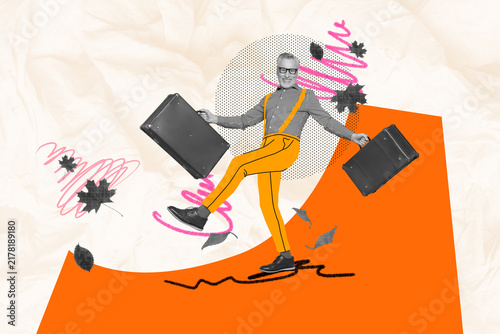 Fotografie Artwork sketch banner full 3d collage of happy old man pensioner hold valise sta