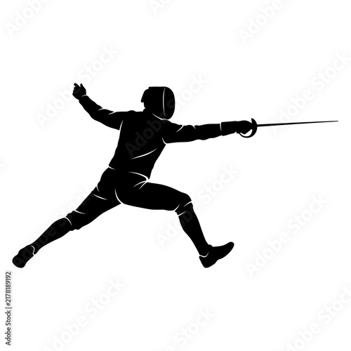 Canvas Print Fencer lunges forward with a sword during competition in this black and white silhouette