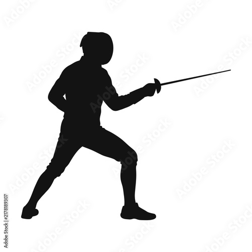 Bild auf Leinwand Fencer stands in an attack stance with a foil against a white background