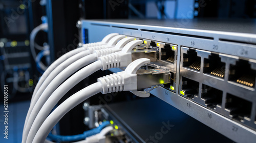 Konstfotografi Close Up Network Switch with Connected Ethernet Cables