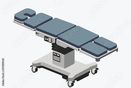 Modern adjustable hospital operating table with electronic controls is illustrated in a clean isometric medical equipment style.