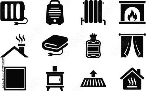 Set of heating and home comfort icons featuring radiators fireplaces and warm winter house equipment