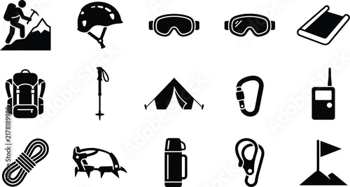 Set of mountain climbing and hiking equipment icons for outdoor adventure and extreme sports activities
