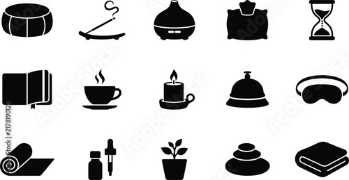 Set of spa and wellness icons featuring relaxation tools for meditation yoga and beauty treatments