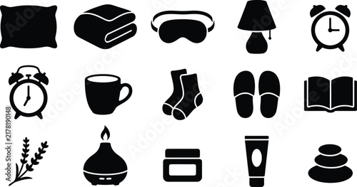Set of sleep and relaxation icons including pillow blanket alarm clock and spa wellness elements