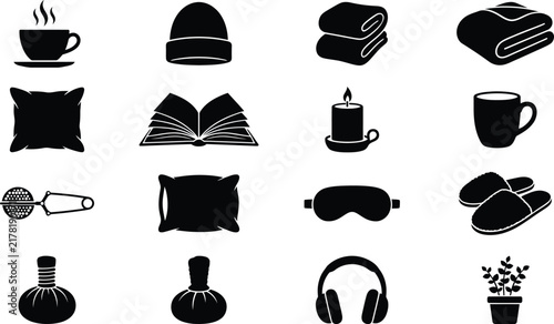 Set of cozy lifestyle and home comfort icons featuring relaxation items in flat black style