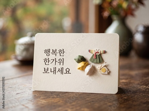 Plakat w ramie 단정하게 접힌 종이 소품과 추석 카드