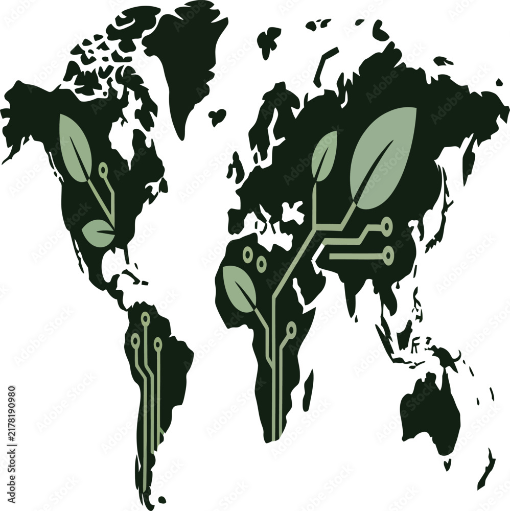 Obraz premium World map silhouette is decorated with green circuit board patterns and leaf icons representing eco-friendly technology and global sustainability.
