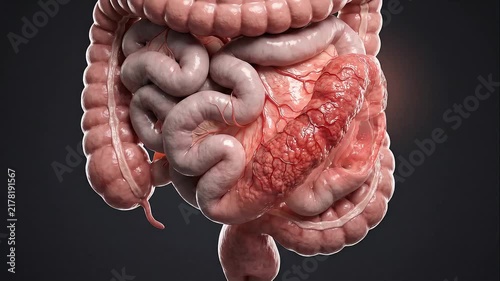 Woman Suffering from Abdominal Pain with Glowing Inflamed Intestine 3D Overlay