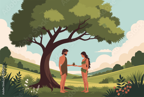 Biblical scene of Adam and Eve standing under a large tree in a lush green landscape while holding a piece of fruit.