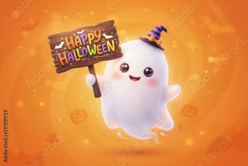 A cute smiling ghost wearing a witch hat holds a 