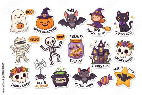 A set of cute cartoon Halloween stickers featuring ghosts, pumpkins, bats, a witch, a skeleton, candy and other festive icons on a white background. Concept of playful Halloween sticker set.