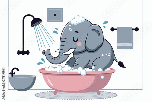 Whimsical illustration of a cute baby elephant taking a bubble bath in a pink tub under a shower head in a bathroom.