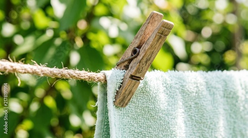Vintage wooden clothespin clamping mint green towel on jute clothesline outdoors, conveying sustainable laundry and eco-friendly drying