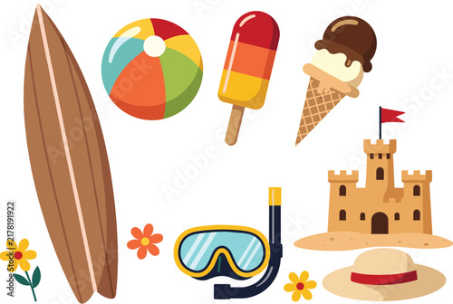 Fun summer beach items collection featuring a surfboard, beach ball, popsicle, ice cream cone, snorkel mask, sandcastle, and hat.