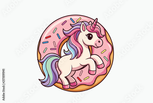 Magical white unicorn jumping through a giant pink glazed donut with colourful sprinkles in a playful and sweet illustration.