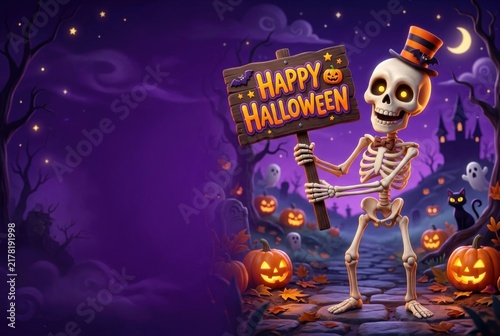 A cheerful skeleton wearing a striped top hat holds a wooden 