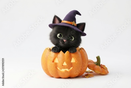 A small black kitten wearing a purple witch hat peeks out of a carved jack-o'-lantern on a clean white background. Concept of cute Halloween pet portrait.