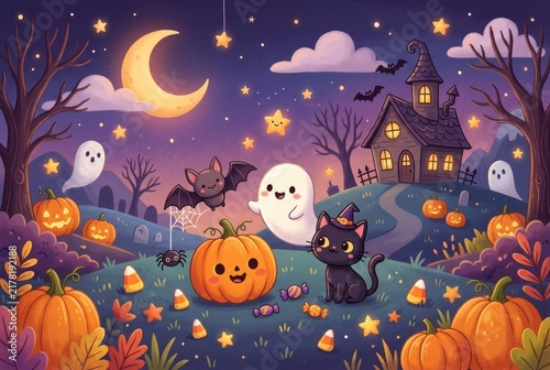 A colorful, whimsical Halloween scene with smiling jack-o'-lanterns, playful ghosts, a black cat, and a haunted house under a crescent moon. Concept of cute, family-friendly Halloween illustration.