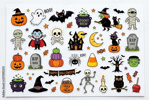 A set of cute Halloween sticker icons showing ghosts, pumpkins, witches, bats and other friendly spooky characters on a white background.

