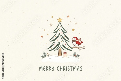 An illustrated Christmas tree with a bird and 