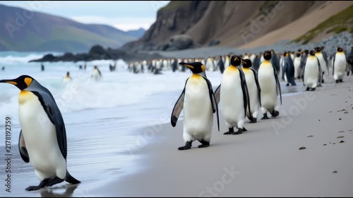 A group of penguins walking along a beach