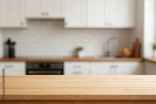 wooden top table with blurry kitchen set background