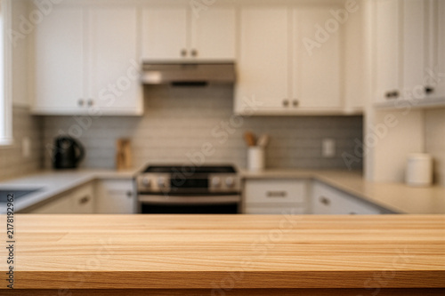 wooden top table with blurry kitchen set background